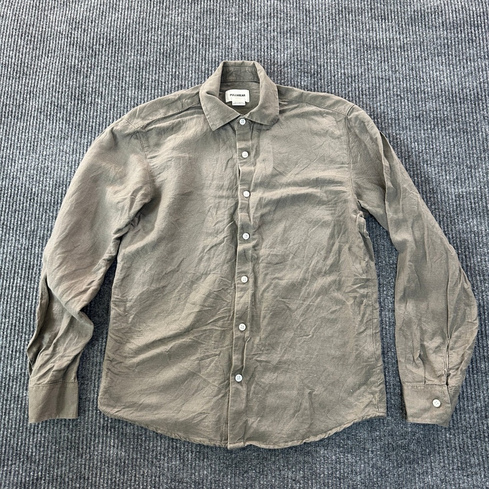Pull&Bear Mens Basic Button Down Shirt XS Olive Taupe Linen Blend Long Sleeve